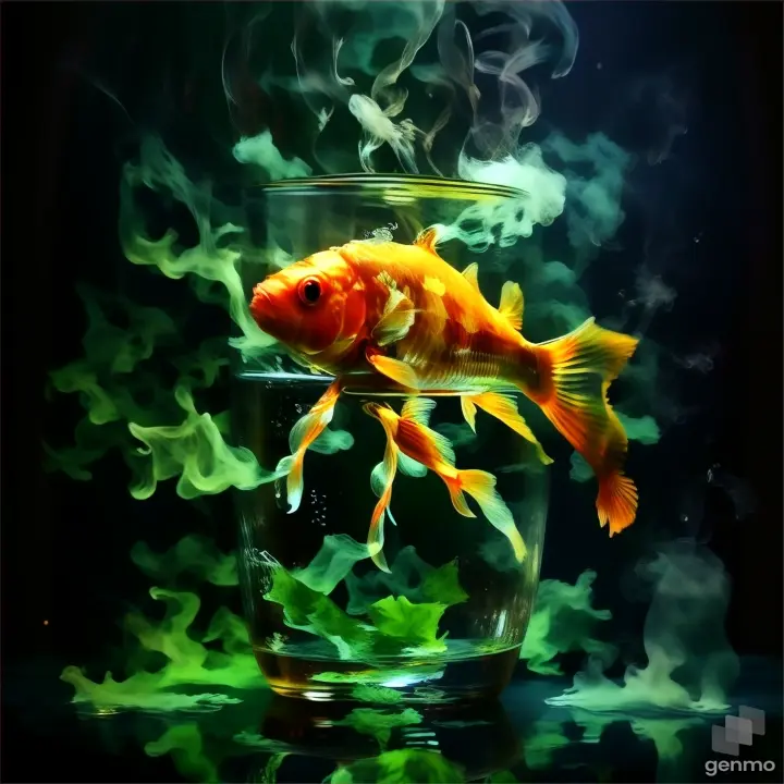 a goldfish in a glass of water surrounded by smoke