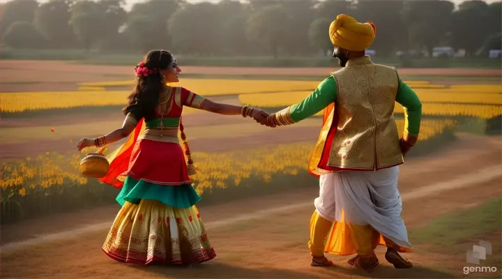 "Create a vibrant Punjabi couple dance set amidst a picturesque Sarson (mustard) field, where the swaying of the golden crops mirrors the rhythm of your moves. Let the beat of the dhol (drum) ignite your passion as you twirl and swirl, celebrating love amidst nature's breathtaking beauty. Your performance should encapsulate the essence of Punjab's rich culture and the joy of togetherness ,video ratio 16:9