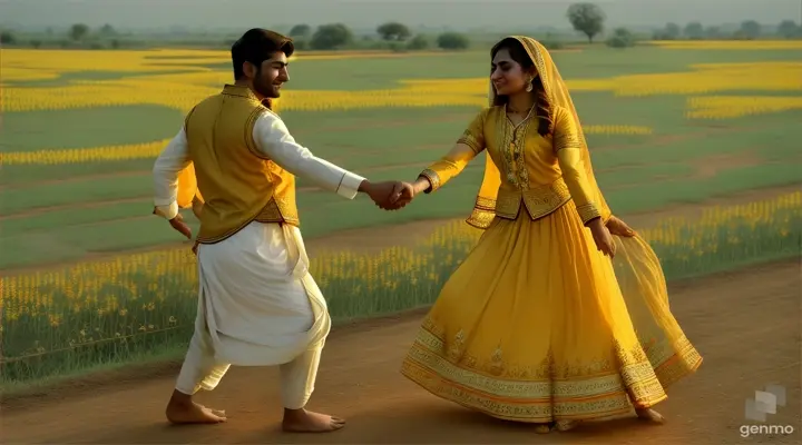 Craft a captivating Pakistani couple dance, enveloped by the golden hues of a Sarson (mustard) field, where each step resonates with the warmth of your love. Let the melody of the dhol (drum) and the traditional tunes of the flute guide your movements, as you gracefully glide across the landscape, painting a picture of unity and joy. Infuse your performance with the rich tapestry of Pakistani culture, weaving together tradition, grace, and boundless affection ,video ratio 16:9