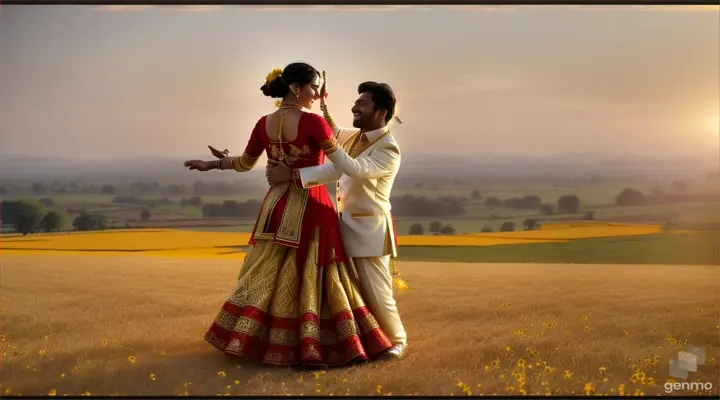 Craft a captivating Pakistani couple dance, enveloped by the golden hues of a Sarson (mustard) field, where each step resonates with the warmth of your love. Let the melody of the dhol (drum) and the traditional tunes of the flute guide your movements, as you gracefully glide across the landscape, painting a picture of unity and joy. Infuse your performance with the rich tapestry of Pakistani culture, weaving together tradition, grace, and boundless affection , video ratio 16:9