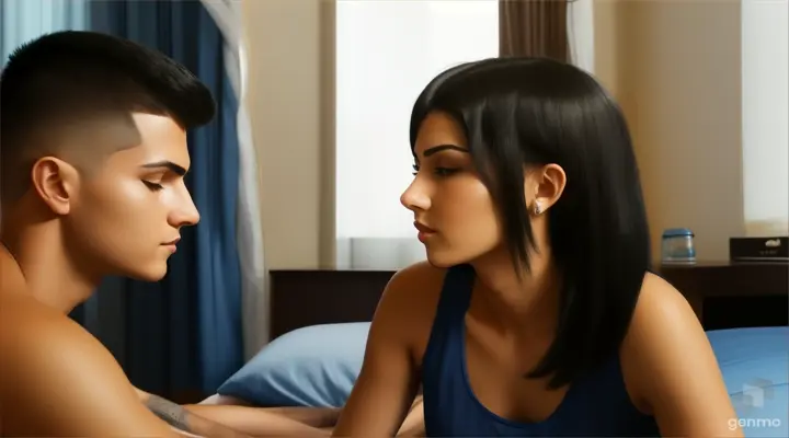 inside the hotel bedroom, a young man with black buzz cut hair cut and a young woman with long black hair in blue tank top sitting in bed talking to each other