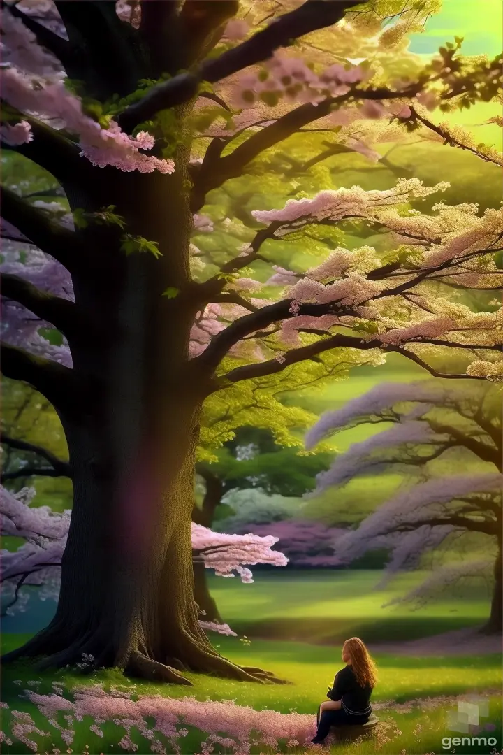 A woman sits amidst a grove of pink cherry blossoms, watching a butterfly