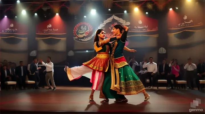 Envision yourselves as the captivating duo at the heart of a Pakistani couple dance, amidst the lively ambiance of a bear bar club, where the music is as bold as the crowd. Surrounded by a throng of enthusiastic dancers, let the powerful beats of Pakistani tunes ignite your passion and fuel your movements. Infuse your performance with a blend of traditional Pakistani steps and contemporary flair, commanding the attention of everyone in the room with your dynamic energy and undeniable chemistry. Amidst the spirited atmosphere and pulsating lights, your dance becomes a celebration of diversity and acceptance, inviting all to join in the joyous revelry , video ratio 16:9