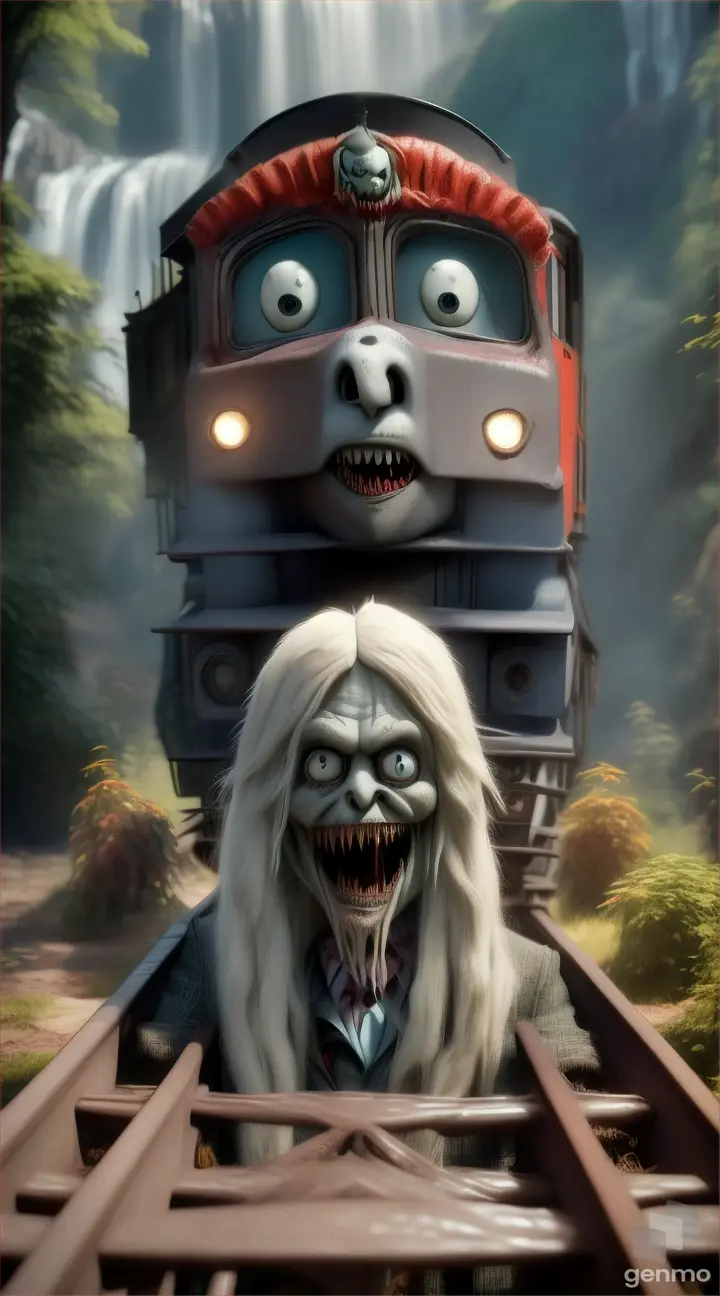 create a masterpiece video of a animated THOMAS THE (TRAIN) with spider legs and OX HORNS, creepy eyes, sharp teeth, white long hair on train face, monster ZOMBIE TEETH train, near waterfalls
Seed: 2777017561