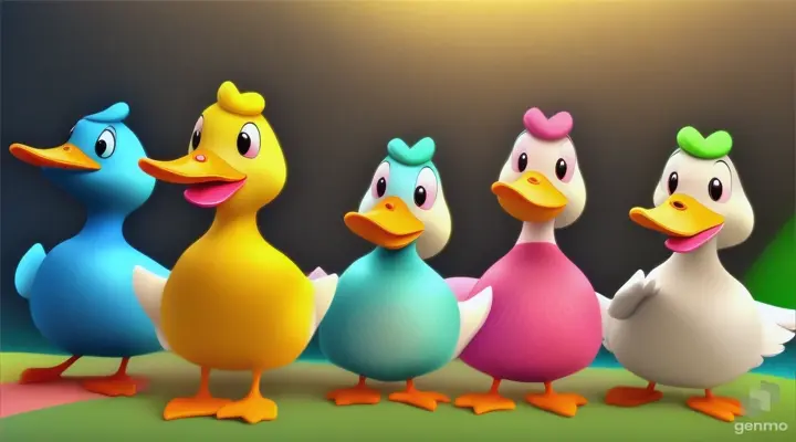 create a funny animated video with six different colored singing and dancing ducks