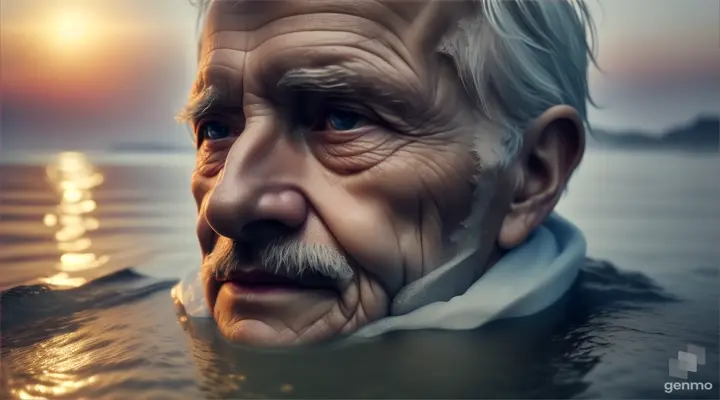 Eyes of a wrinkled Old person's face half buried under water. The background is a fog over the sea and the stars reflected in the water. Cinematic lighting