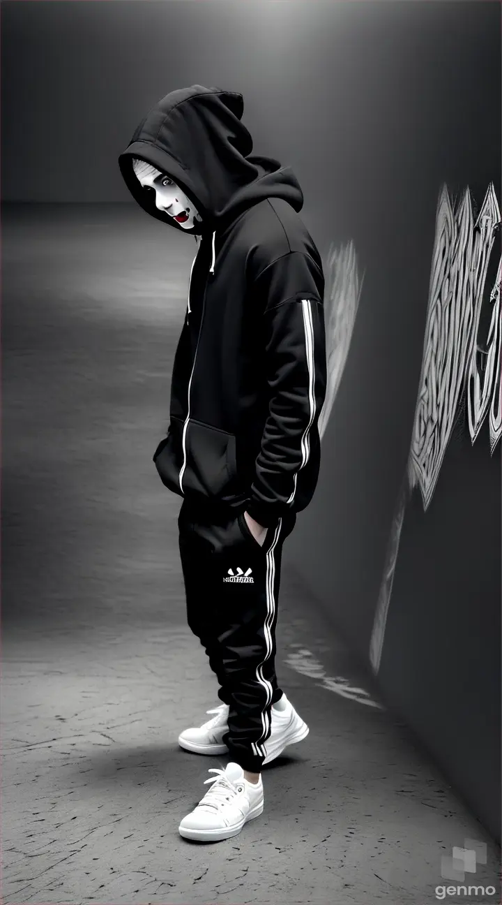 As the person wearing black tracksuit with a hood on his head and white shoes wearing a scary mask of clown on his face with fair complexion and 6 feet tall and muscular hesitates, the scene transitions to various symbolic representations of the 'left' and 'right' paths - one showing chaos and confusion, the other showing desolation and emptiness.