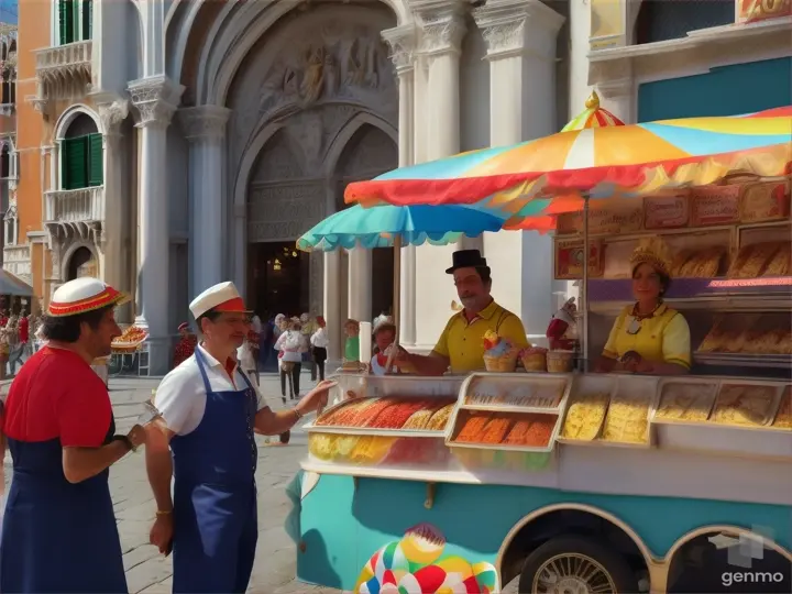 An ice cream vendor sells ice cream to people dressed in carnival costumes outside St. Mark's Basilica in Venice during the carnival.