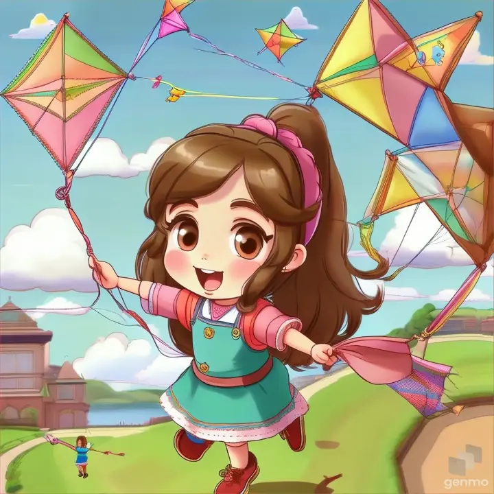 a little girl flying a kite in the sky