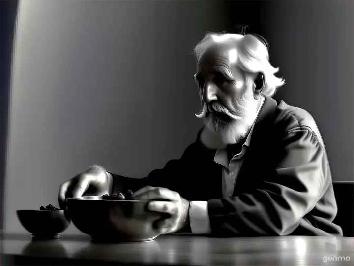 a old bearded man sitting at a table with a bowl of raisins, looks up to heaven