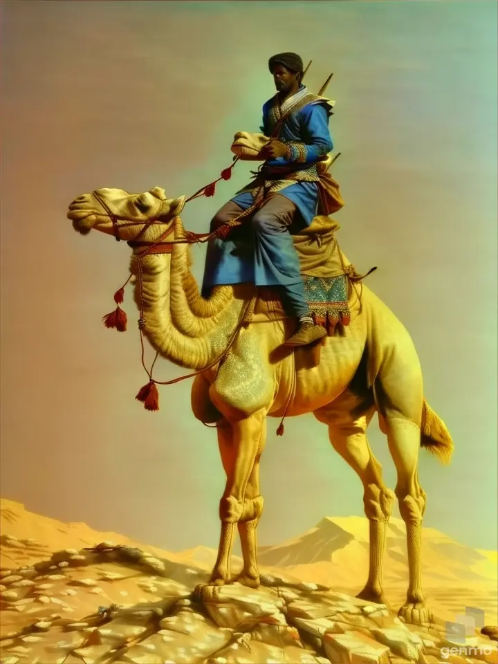 a painting of a man riding a camel in the desert