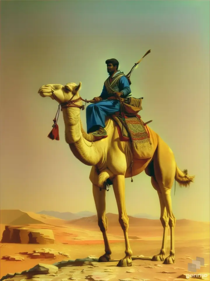 a painting of a man riding a camel in the desert
