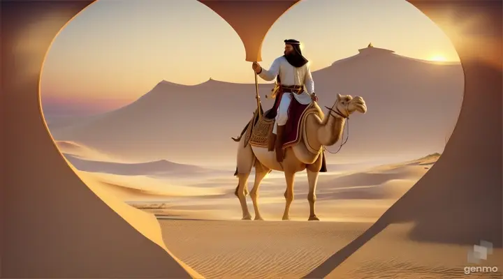 a painting of a man riding a camel in the desert