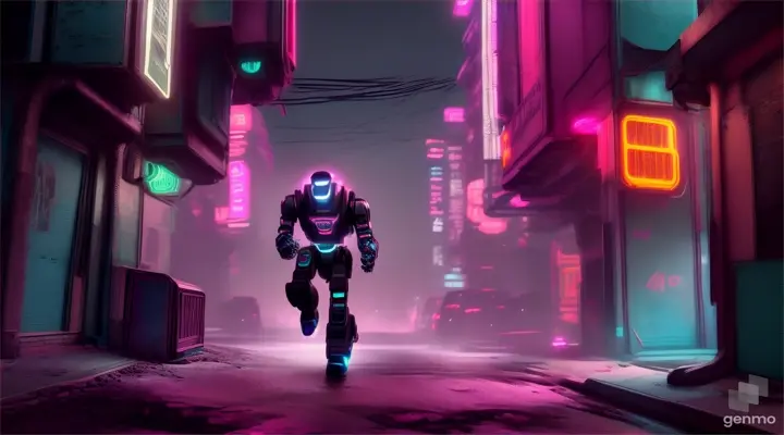 RUNNING robot parkouring through a neon-drenched cyberpunk alleyway, evading surveillance drones