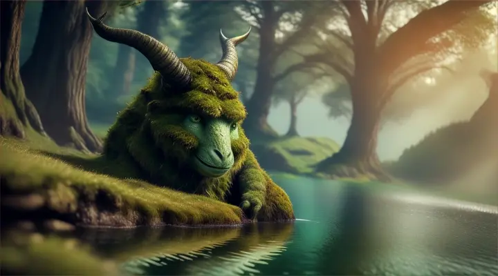 moss monster with majestic horns at the lake view, fantasy theme