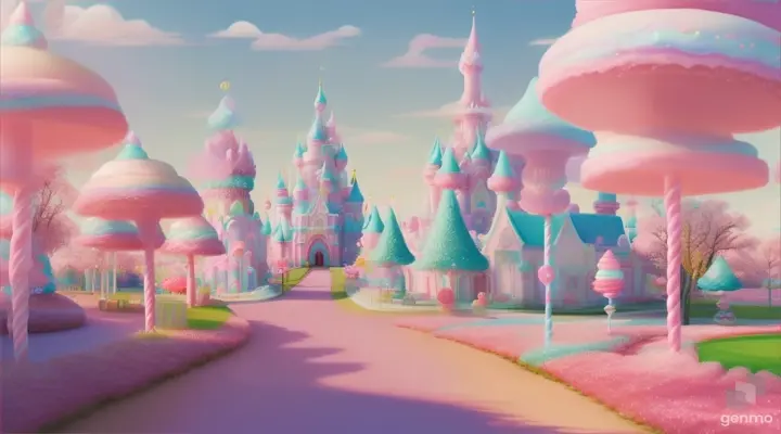 Walk through a sugary dreamland with pastel castle and candy trees under a blue sky. Whimsical candy land landscape with swirling lollipop towers and gummy pathways  16:9
