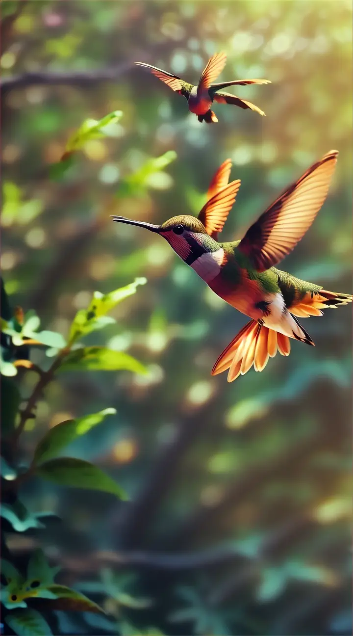 a hummingbird flying over a tree-filled forest