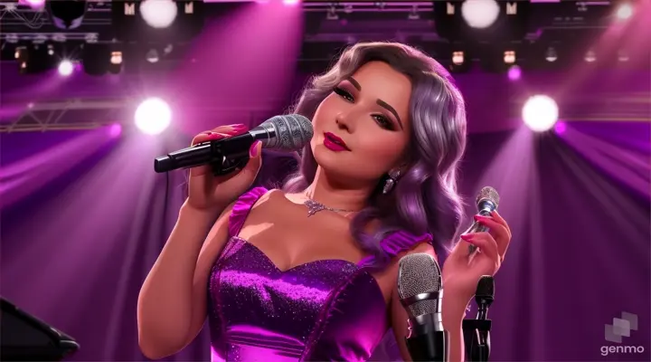 a woman in a purple dress singing into a microphone,singing