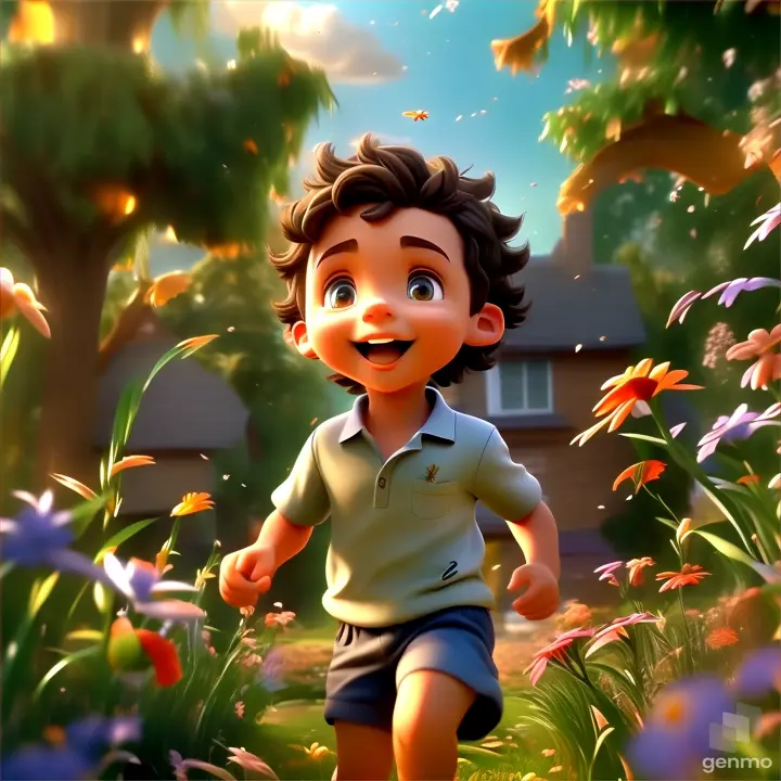 a young boy is running through a field of flowers