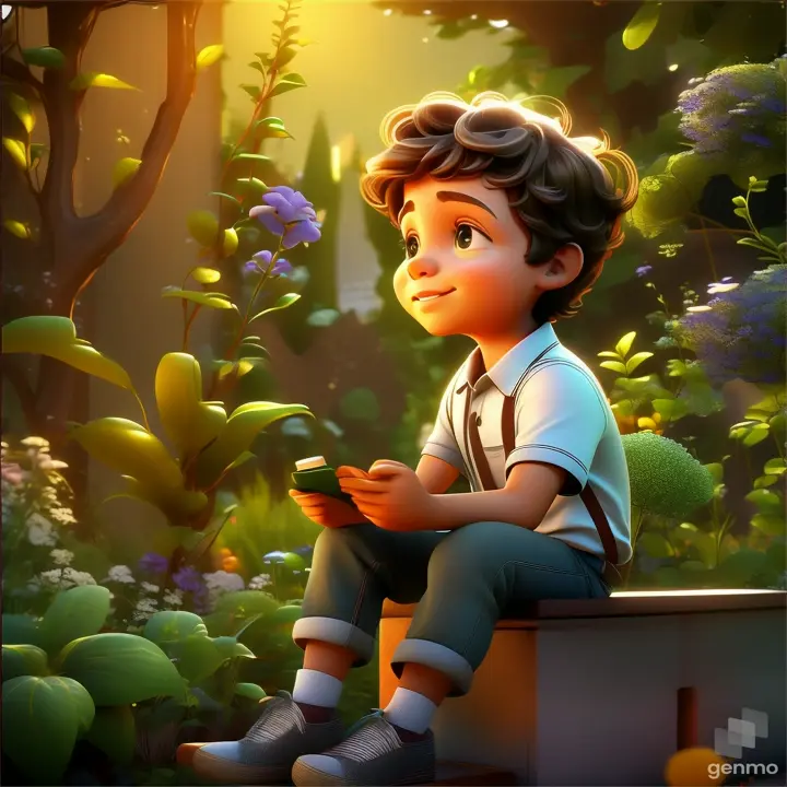 a boy sitting on a bench in a garden