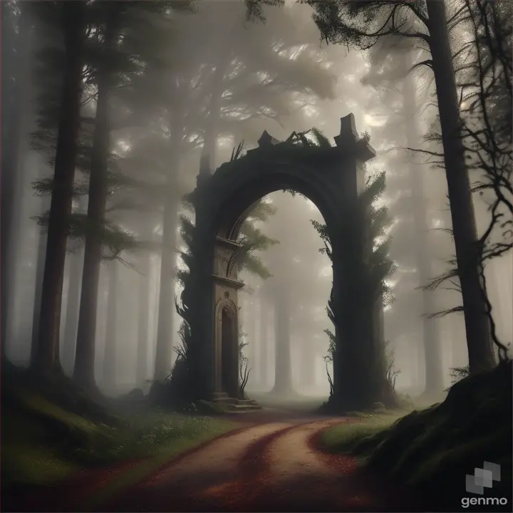 an unknown portal in the foggy forest