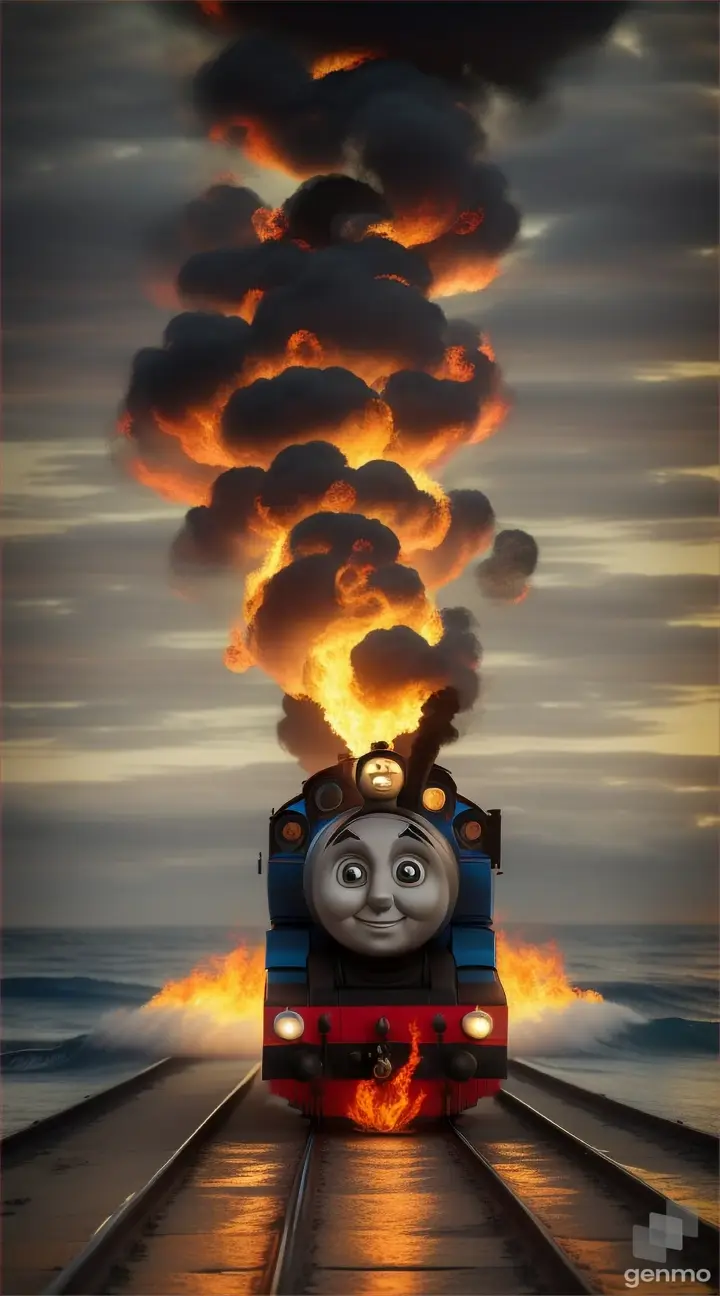 “create a masterpiece video of a Creepy Thomas the train (with giant spider legs) near sea, flames, long hair on Thomas the train”
