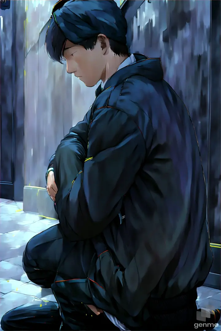 a man sitting on the ground in front of a window