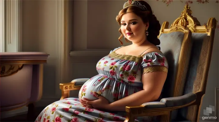 beautiful pragnent Russian woman plus size stylish Summer lite powder colours Transparent dress with matching shorts elegance hair style sitting royal chair focus at the camera of a cloth store with pews and checkered floor 