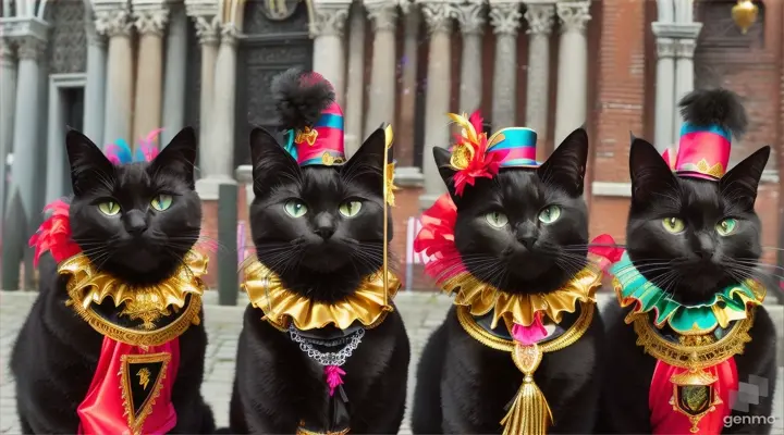 A group of cute black cats in carnival costumes during carnival in Venice in front of the St. Mark's Campanile in Venice.