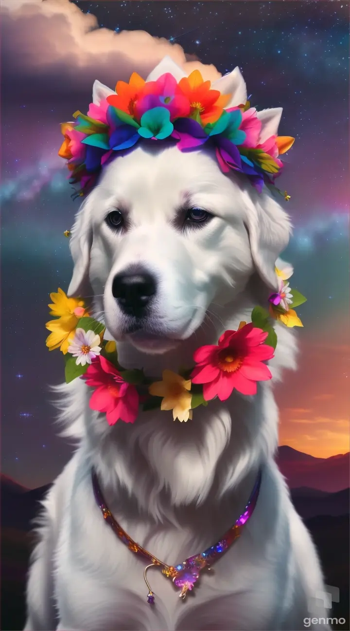 A white dog with a flower crown looking at a surreal sky filled with colorful nebulae and star-filled clouds