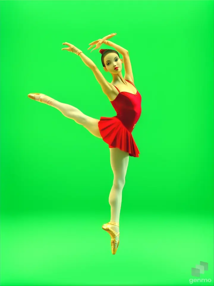 from the distance a beautiful young ballerina in a short light red costume on pointe shoes in the role of the Spanish Carmen in full growth. arms are raised and joined above the head. coming. overall plan. 3/4 front view. photorealism. 4K quality. green chromakey