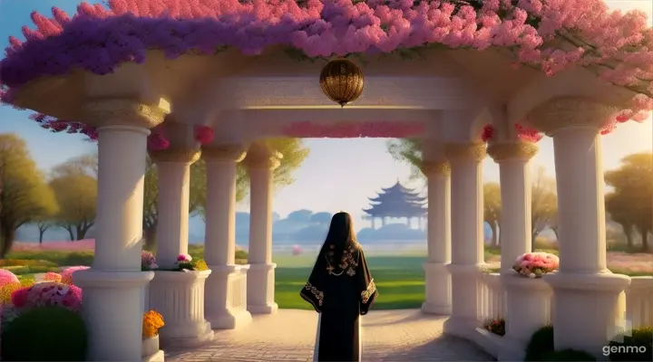 Olga and her boyfriend Anatoly strolled through a garden full of blooming flowers, surrounded by flowers, with an ancient Greek-style pavilion in the background. beautiful face, long black hair, black eyes, big eyes, beautiful, worn robe, stylist, gorgeous jewelry, sparkling jewelry, graceful, Chinese style anime, Ghibli style anime. The distant landscapes provided the perfect backdrop for their walk: cinematic light, ethereal light, intricate detail, ultra detail, incredible detail, full color, intricate detail, extremely detailed and complex, super max, extremely detailed with rich colors. masterpiece, best quality, aerial view, unreal engine. Dark virtual background, sparkling jewelry, Image, white skin, beautiful face, Rich in detail High quality, gorgeous, captivating, 8k, super detailed, stunning light and shadows, detailed scenery, detailed lines, 16:9