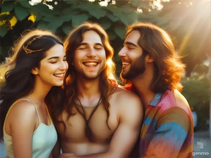 two hippie women and two men hug them and laugh