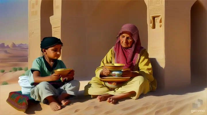  an old lady and a 9 years boy sitting on cot. showcase characters of ancient arab times 