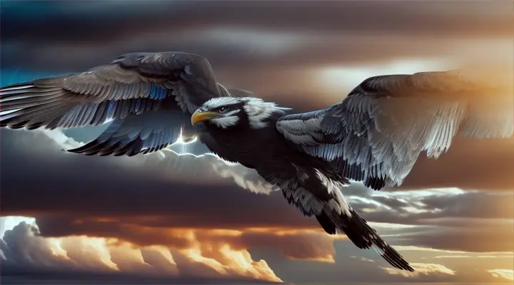Thunderbird: Create an image of a majestic Thunderbird from Native American mythology. The bird should be enormous, with powerful, expansive wings that span wide across the sky. Its feathers are intricately patterned, resembling storm clouds in shades of dark grey and white. The eyes of the Thunderbird should emit a bright, lightning-like glow. The backdrop features a dramatic sky with rolling thunderclouds and occasional flashes of lightning. The landscape below is a lush, dense forest with towering pine trees, symbolizing the bird's dominion over the natural world and weather.