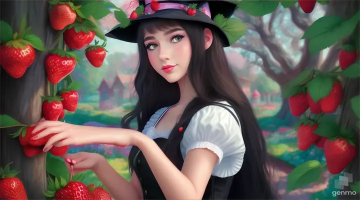 Cartoon very beautiful 20 years old girl in magical strawberry garden in horrible witch 