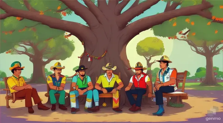 make an animated video of  :some of the village people sitting below a banyan tree and discussing