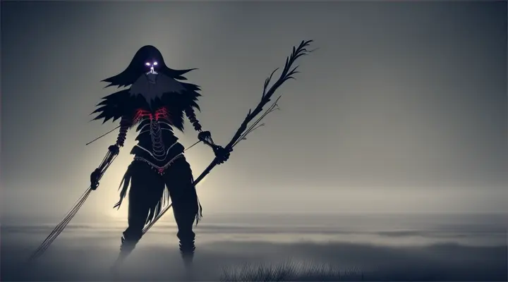 Baykok: Depict Baykok, a death spirit from Ojibwe mythology. This spectral warrior should appear as a ghastly, skeletal figure with taut skin, glowing with a ghostly luminescence. Its eyes are hollow yet emit a cold, haunting light. Baykok is shown wielding a bow, ready to release an arrow, floating above a moonlit, foggy forest. The eerie silence of the night accentuates the chilling presence of this vengeful spirit.