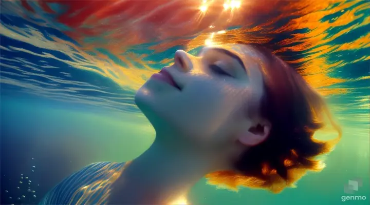 A person underwater looking up at the surface, with the sun shining on the surface and reflecting its rays underwater. A sound wave is depicted with bubbles coming from the surface.