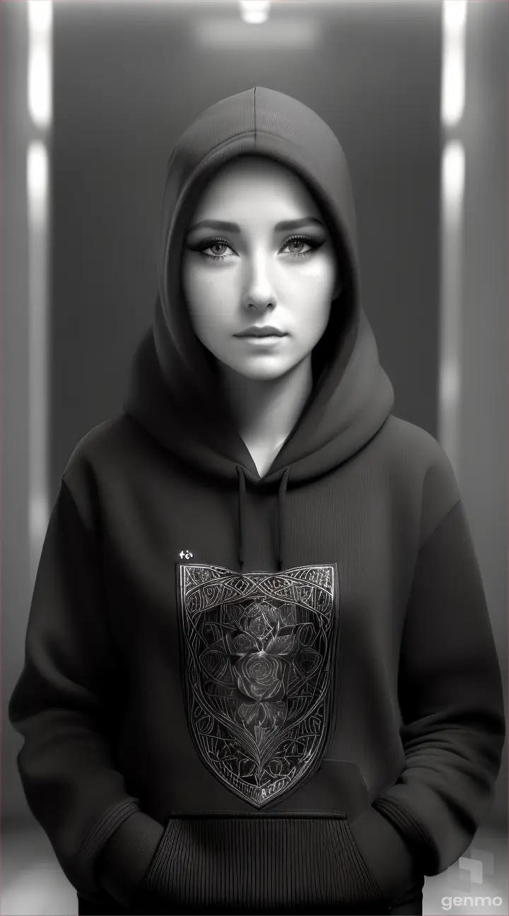 in gray scale create hyper realistic image of woman walking on the edge of skyscraper front to camera, in black hoodie, red tears transform into red rose (in bright red) in hands, tattoos, Celtic ornaments, young face. High details, realistic image.