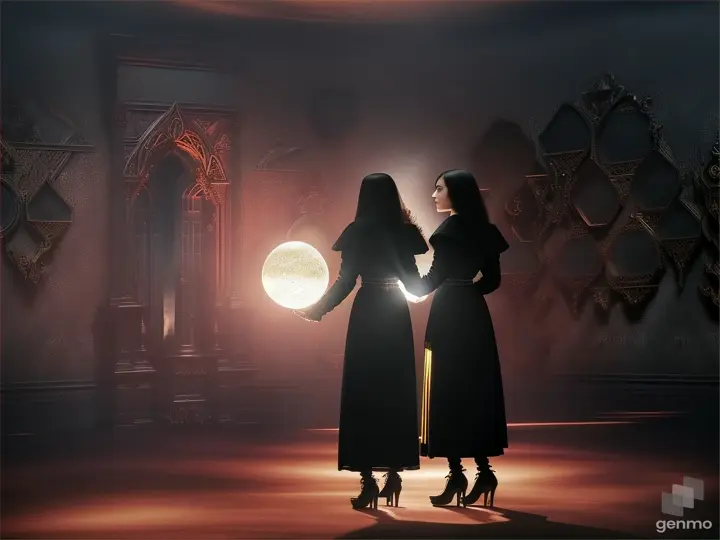 Two women in the room. The room expands for them, and large and small shadows of dark colors appear in the room in a terrifying 3D cinematic scene.