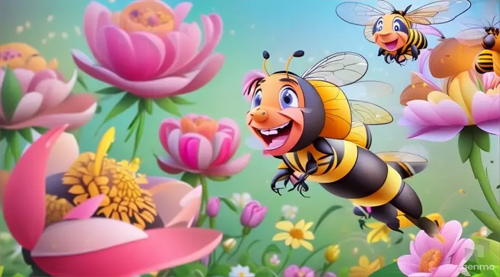 a cartoon bee flying over a field of flowers