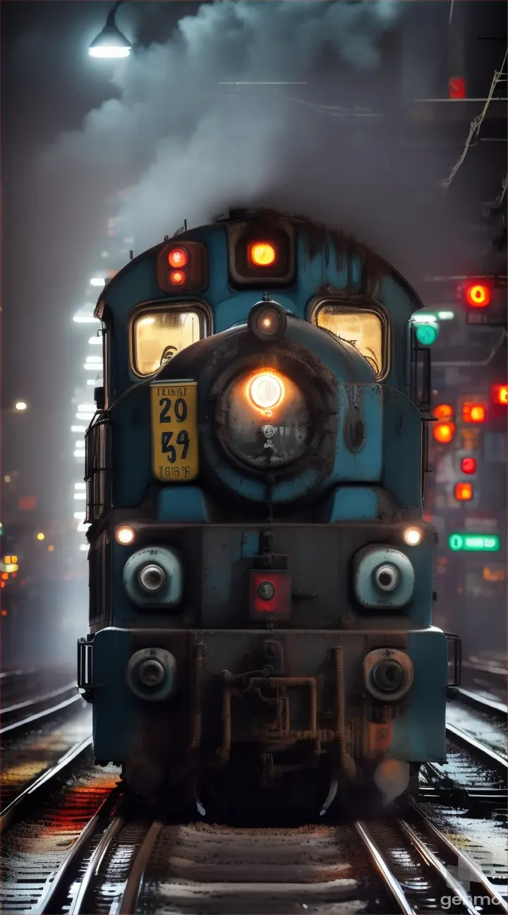 A ((thomas the train))++ with long crazy hair,zombie face, train wheels rusted, zombies climbing the thomas the train in new york city