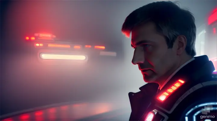 Emergency doctor Pavel Busnyuk, in full gear, illuminated by the swirling red, white, and blue lights of an ambulance set against  a dark, dystopian cityscape