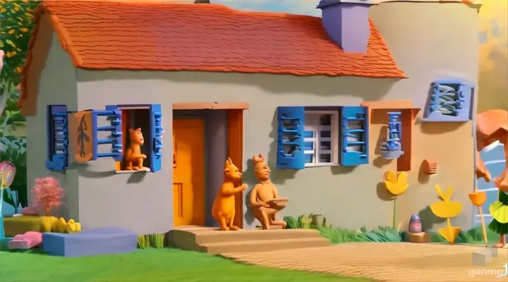 a cartoon dog standing in front of a house