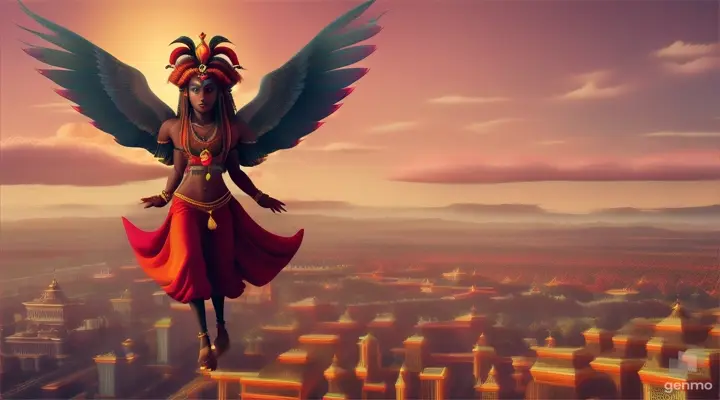 “A cyber birdy sadhu rasta boy is flying over the city, with his retinue of red fairies ,view from a crow over him”