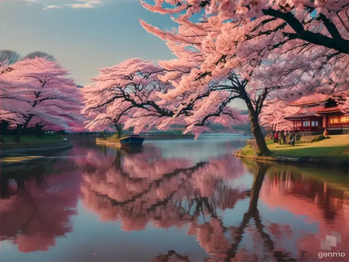 asian People leisurely planting trees along a tranquil river in the afternoon with a calming color palette