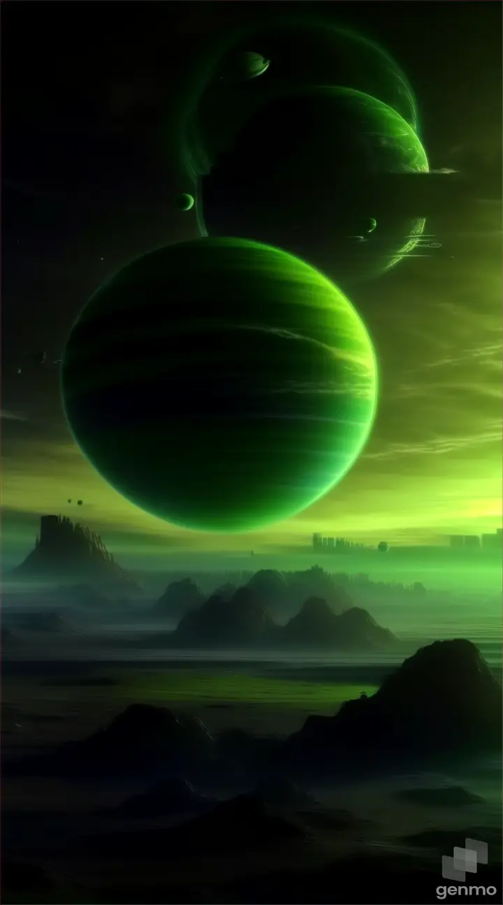 a green planet in the middle of a green sky spinning around spaceship flying 