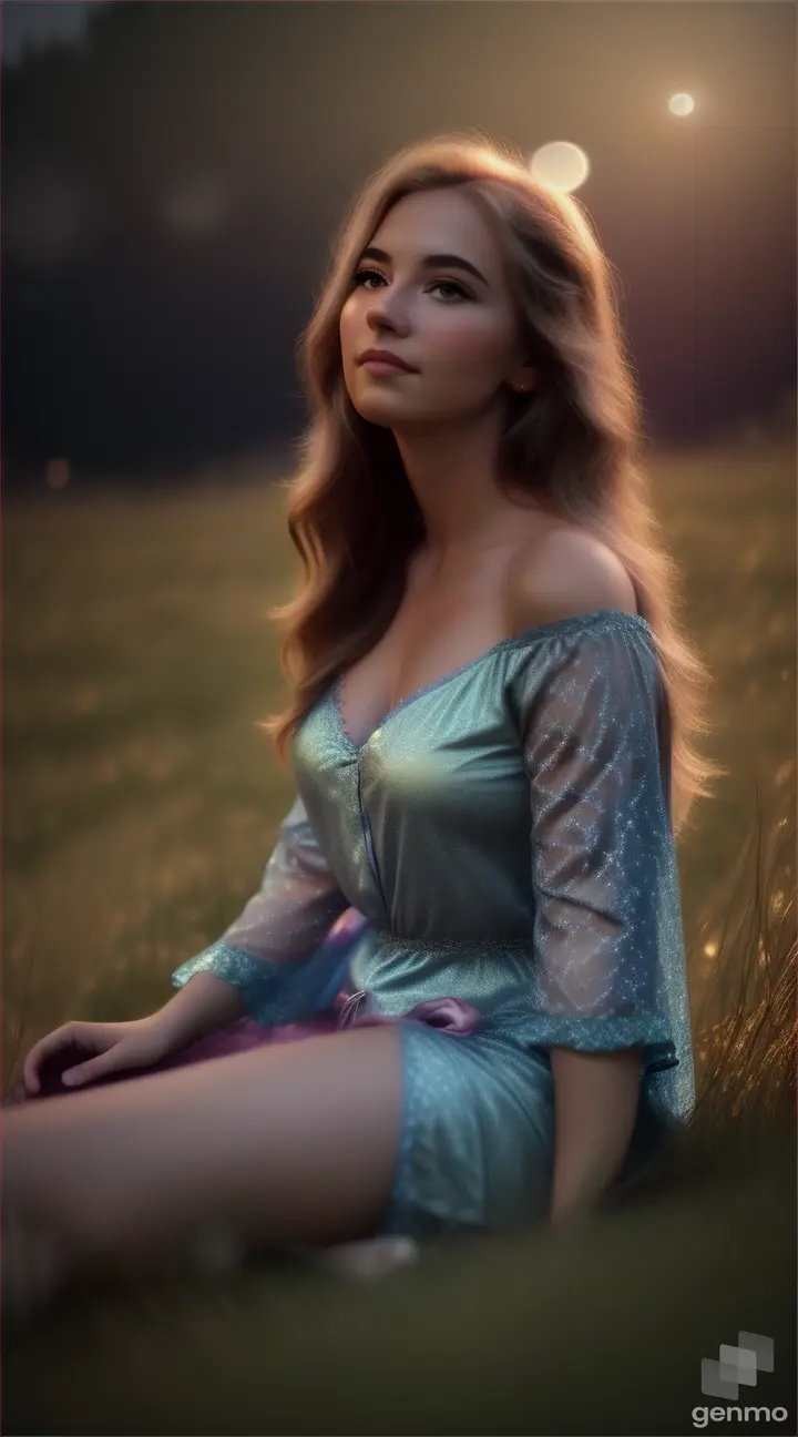 An American woman in ethereal nightwear, lounging in a moonlit meadow surrounded by fireflies