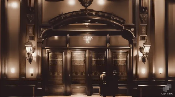 a lot People walking in big doors  old cabare steampunk pipe 